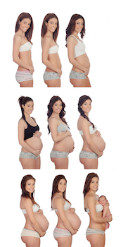 Mujer embarazada de perfil, una foto por cada mes de embarazo y una con el bebé