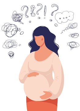 Representación de los pensamientos preocupantes de una mujer embarazada